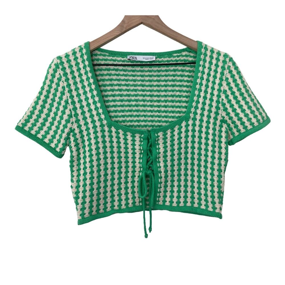 Zara Crochet Y2K Soft Girl Indie Pop Retro Grunge Striped Green White Crop Top